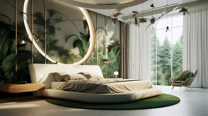 Obraz na płótnie Canvas luxury simply minimalist bedroom with tropical theme, giant bed, sofa,