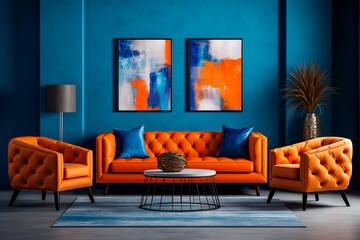 Modern living room with art deco design: orange and blue tufted sofas near a stucco wall.