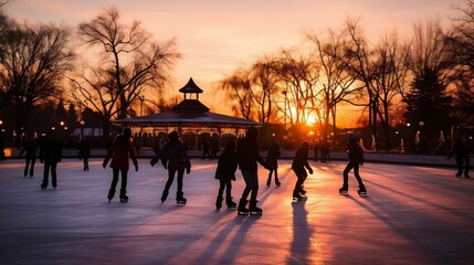 Silhouettes of people ice skating in the twilight
