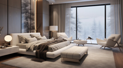 luxury simply minimalist bedroom with winter theme, giant bed, sofa,
