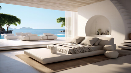 luxury simply minimalist bedroom with summer theme, giant bed, sofa,