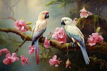 Two parrots perched on tree with pink orchid in jungle. Generative AI
