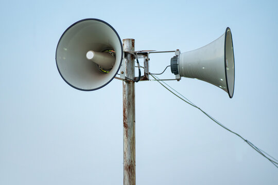 loudspeakers installed on the pillars of a mosque and used to make the call to prayer