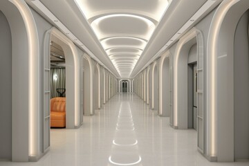 Symmetric, expressive, beige & light gray interior with neon lights, shiny walls & unique award-winning 8k HD design for corridors, offices & more. Generative AI