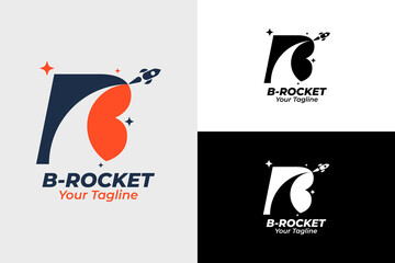 Modern Rocket Logo and letter b. Simple Flying Rocket with Speed ​​Comet Wave isolated on White Background. Can be used for Business and Technology Logos. Flat Vector Logo Design Template Elements. © Khoirul