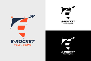 Modern Rocket Logo and letter e. Simple Flying Rocket with Speed ​​Comet Wave isolated on White Background. Can be used for Business and Technology Logos. Flat Vector Logo Design Template Elements.