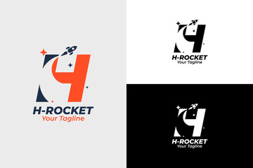 Modern Rocket Logo and letter h. Simple Flying Rocket with Speed ​​Comet Wave isolated on White Background. Can be used for Business and Technology Logos. Flat Vector Logo Design Template Elements.