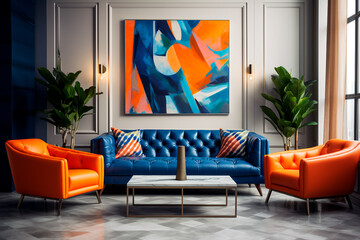 Modern living room with art deco design: orange and blue tufted sofas near a stucco wall.