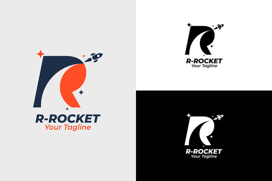 Modern Rocket Logo and letter r. Simple Flying Rocket with Speed ​​Comet Wave isolated on White Background. Can be used for Business and Technology Logos. Flat Vector Logo Design Template Elements.