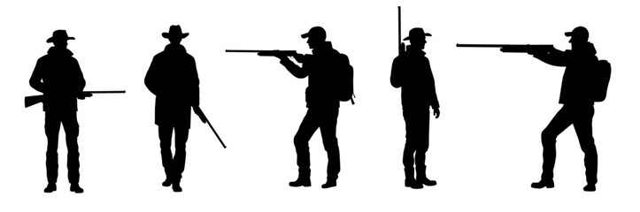 Hunter silhouettes, man hunter with gun silhouette on white background