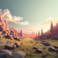 Landscape in polygonal geometric style, mountains, forest, nature