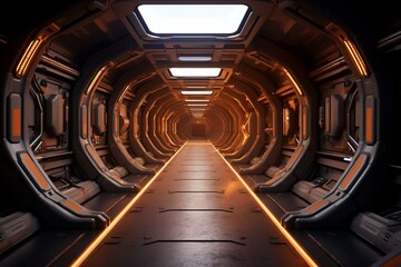3D spaceship with dark internal view, tunnel, and corridor. Generative AI