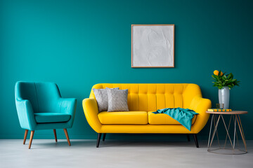 Retro-inspired living room design featuring a stylish teal sofa paired with a vibrant yellow accent chair.