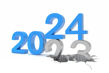 3d render of the numbers 2024 and 23 in blue and silver over white background.