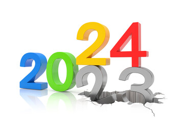 3d render of the numbers 2024 and 23 in colorful over white reflecting background.