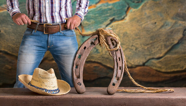 American West still life with old horseshoe and cowboy lasso