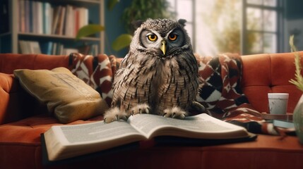 owl reading book on sofa learning and knowladge generative ai