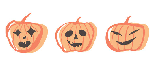 Happy Halloween Pumpkins. Orange pumpkins with smile.  Vector illustration. Hand drawing.