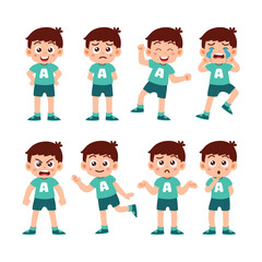 Set of Little Boy Kid Pose Children with Various Different Activity Isolated Element Objects. Kid Crying, Dancing, Sad, Angry Kid, Thinking, and Bully Kid. Flat Style Icon Vector Illustration