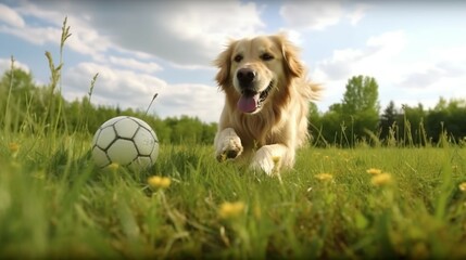 Side view of golden retriever playing with ball generative ai
