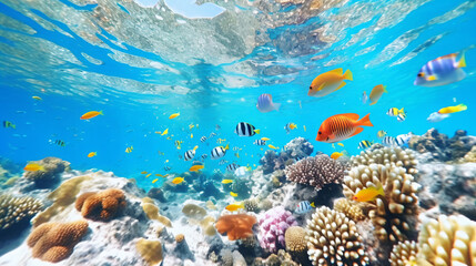 Fototapeta na wymiar 透明度の高い珊瑚のあるきれいな浅瀬で、カラフルな魚がたくさん泳いでる海の中