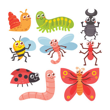 Set of Cute Animal Cartoon Isolated Element Objects with Bee, Ant, Worm, Butterfly, Dragonfly, Snail and Beetle. Flat Style Icon Vector Illustration