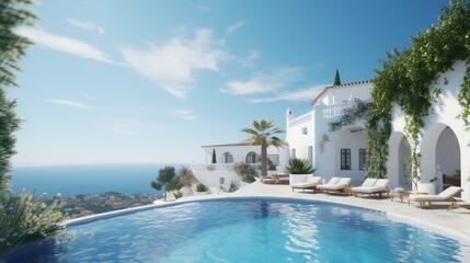 Obraz premium Traditional mediterranean white house with pool generative ai