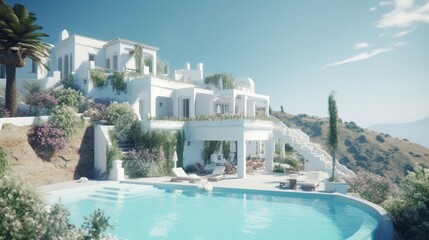 Traditional mediterranean white house with pool generative ai