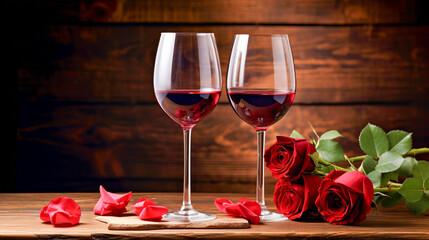 valentines day gift, two glasses of red wine and roses on a wood table background
