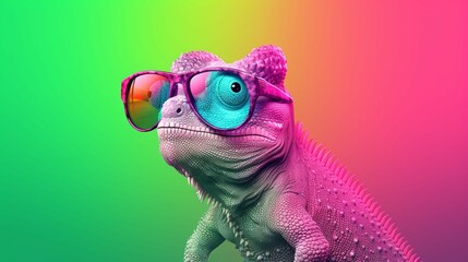 vector illustrations green chameleon wearing sunglass generative ai