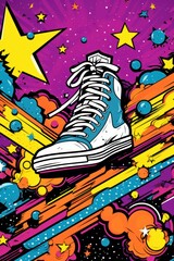 Pop Art Shoes Comic Illustration Retro 90s Style, Running Shoe Street Art Graffiti Pattern, Colorful Abstract Background.