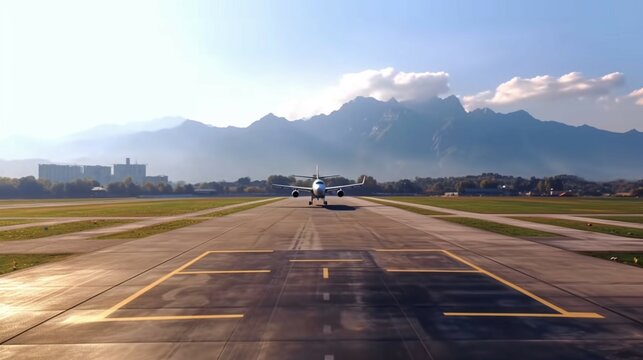 View of the runway of the airport and a take off pass generative ai
