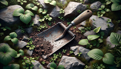 Photo réaliste d'une pelle en métal posée sur un sol rocheux avec des herbes et des feuilles autour. - obrazy, fototapety, plakaty