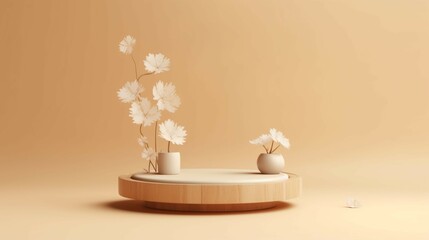 Wooden empty podium on natural beige background generative ai