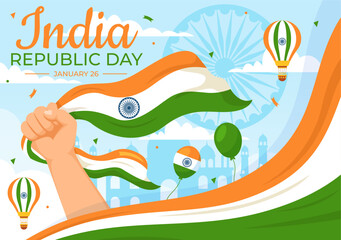 Happy India Republic Day Vector Illustration on 26 January with Indian Flag and Gate in Holiday National Celebration Flat Cartoon Background Design