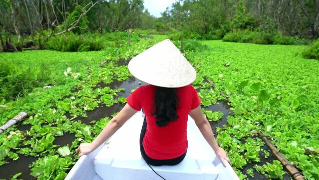 Traveler woman on a boat tour along the canals in the mangrove forest. This is an eco tourism area at Mekong Delta  Vietnam