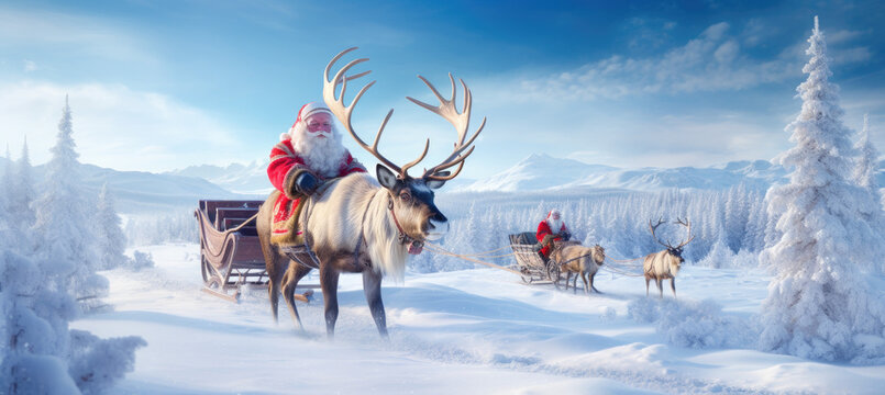 santa claus and reindeer sleighing through the snow