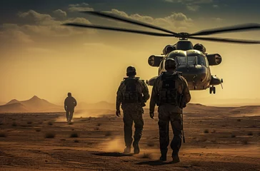 Fototapeten soldiers on a desert battlefield, with helicopters in the background © Kien