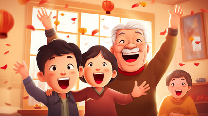 Illustration of the family gathers together to celebrate the Chinese New Year happily - obrazy, fototapety, plakaty
