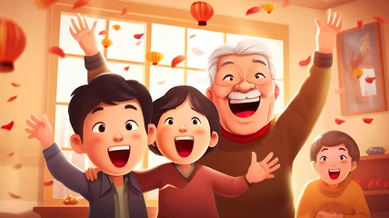 Fotobehang Illustration of the family gathers together to celebrate the Chinese New Year happily © Elaine