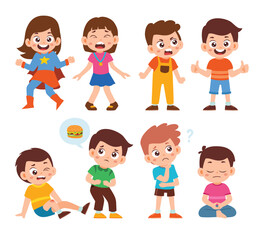 Set of Cute Little Girl Boy Kid Children with Various Different Poses. Activity Isolated Element Objects. Hungry, Yoga, Superhero, Bullied and Crying. Flat Style Icon Vector Illustration