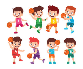 Set of Cute Little Boy Playing Basketball Kid Children with Various Different Poses. Activity Isolated Element Objects. Dribbble and Slamdunk. Flat Style Icon Vector Illustration