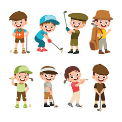 Set of Cute Little Boy Playing Golf Kid Children with Various Different Poses. Activity Isolated Element Objects. Flat Style Icon Vector Illustration