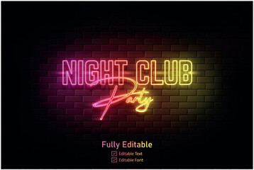 Vector neon effect logo for neon text effect and neon light night party editable text effect and night club