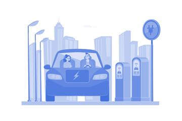 Couple riding electric car