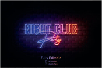 Vector neon effect logo for neon text effect and neon light night party editable text effect and night club
