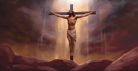 Crucifixion of Jesus Christ at the cross on the mountain. - obrazy, fototapety, plakaty
