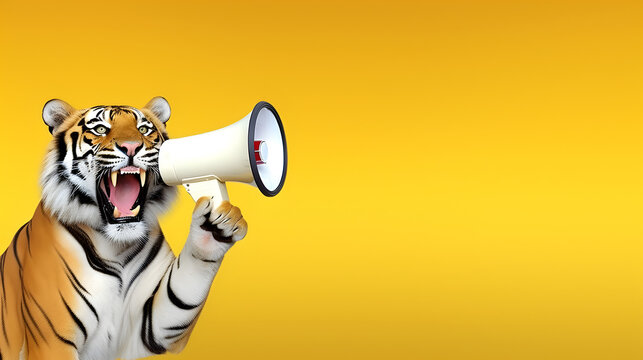 Tiger announcing using hand speaker. Notifying, warning, announcement