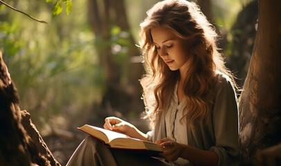 Beautiful caucasian girl reading holy bible book in jungle