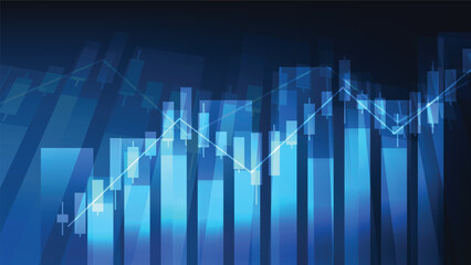 Financial business statistics with bar graph and candlestick chart show stock market price on dark blue background
